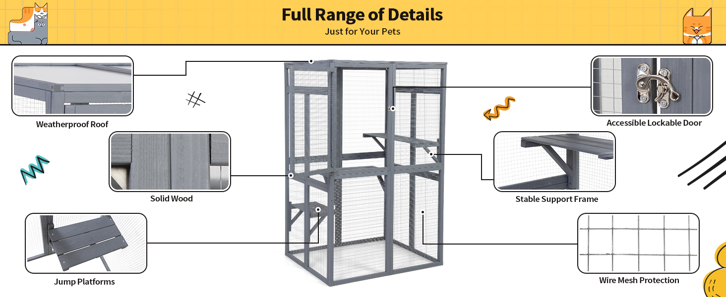 64"H Wooden Outdoor Cat Enclosure, Large Cat House with 3 Platforms, Hammock CW12L0619A1464X6002