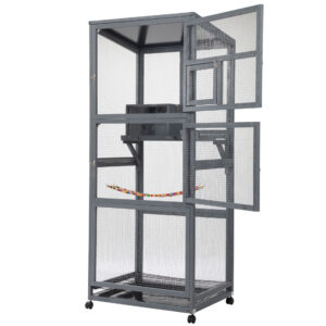 68"H Large Wood Bird Cage on Wheels, Parrot Cage with Pull Out Tray and Feeder, Gray CW12H0635 3 Small Animal Supplies