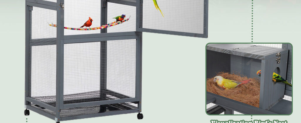 68"H Large Wood Bird Cage on Wheels, Parrot Cage with Pull Out Tray and Feeder, Gray CW12H0635 A 1464x600 3