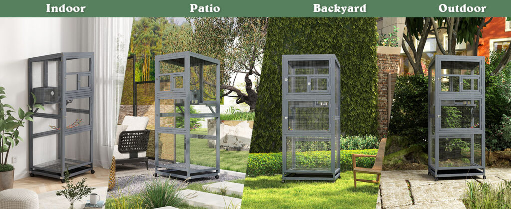 68"H Large Wood Bird Cage on Wheels, Parrot Cage with Pull Out Tray and Feeder, Gray CW12H0635 A 1464x600 7