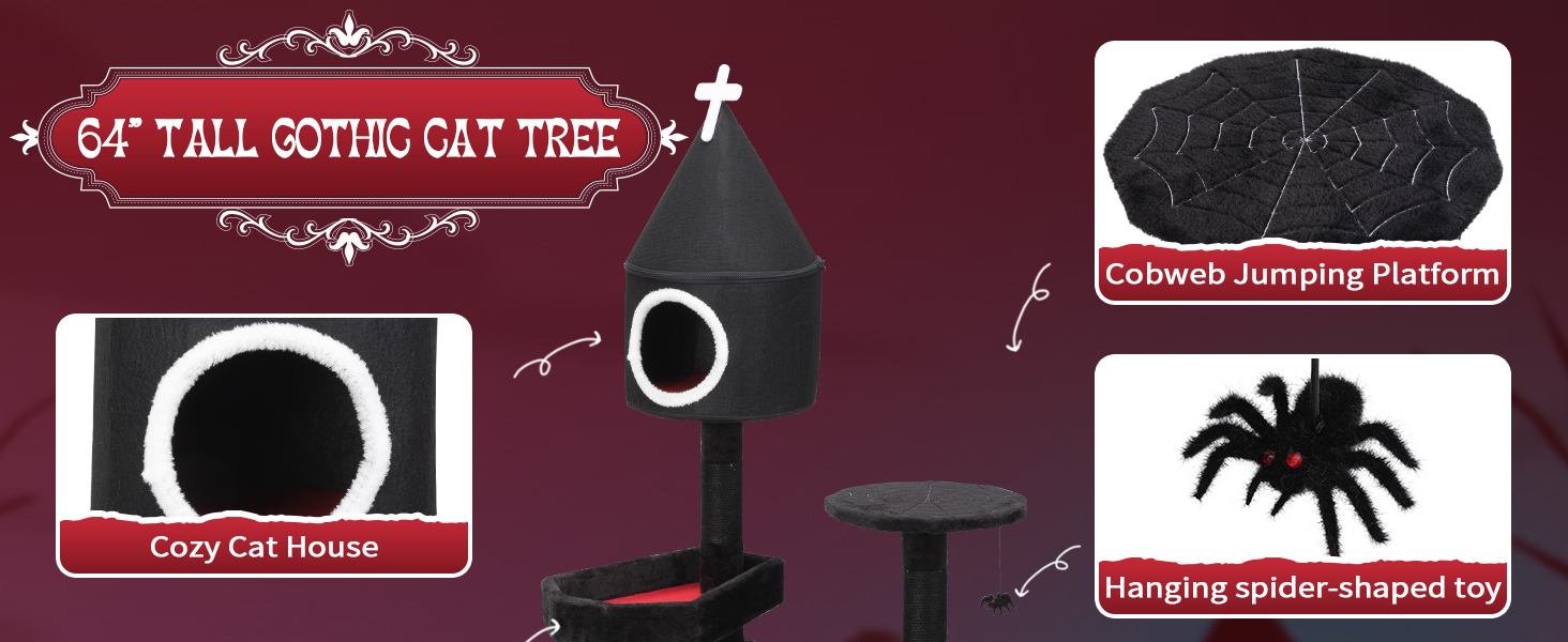 64"H Gothic Cat Tree, Indoor Cat Tower with Condo, Scratching Posts, Multi-Level Kittens Cat House CW12K0636A1464X6003