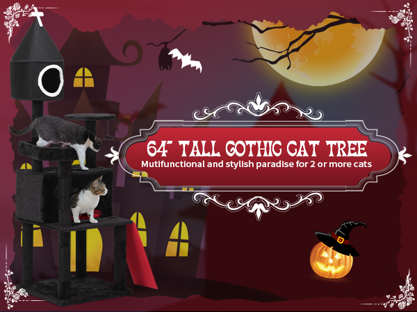 64"H Gothic Cat Tree, Indoor Cat Tower with Condo, Scratching Posts, Multi-Level Kittens Cat House CW12K0636A600X4501