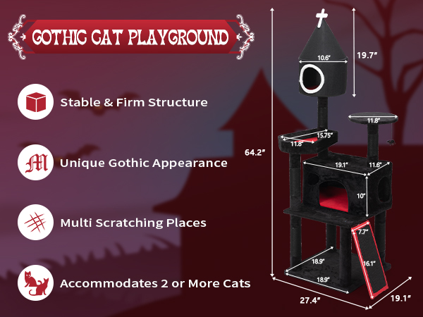 64"H Gothic Cat Tree, Indoor Cat Tower with Condo, Scratching Posts, Multi-Level Kittens Cat House CW12K0636A600X4502