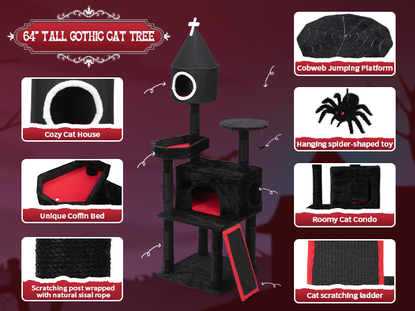 64"H Gothic Cat Tree, Indoor Cat Tower with Condo, Scratching Posts, Multi-Level Kittens Cat House CW12K0636A600X4503