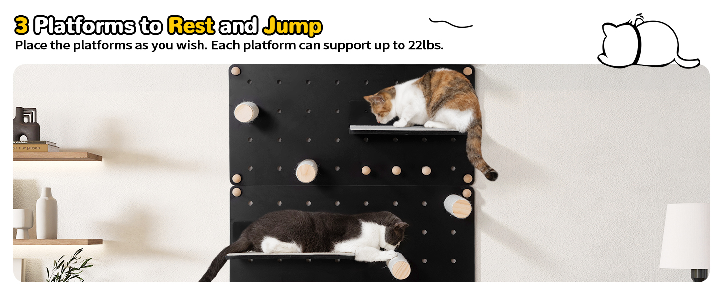 Wall-Mounted Cat Climber Set, Cat Wall Shelves with Sisal Posts, Jumping Platforms, and Hanging Poles CW12P0640A1464X6007