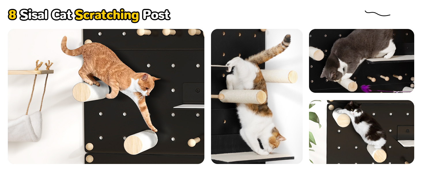 Wall-Mounted Cat Climber Set, Cat Wall Shelves with Sisal Posts, Jumping Platforms, and Hanging Poles CW12P0640A1464X6008