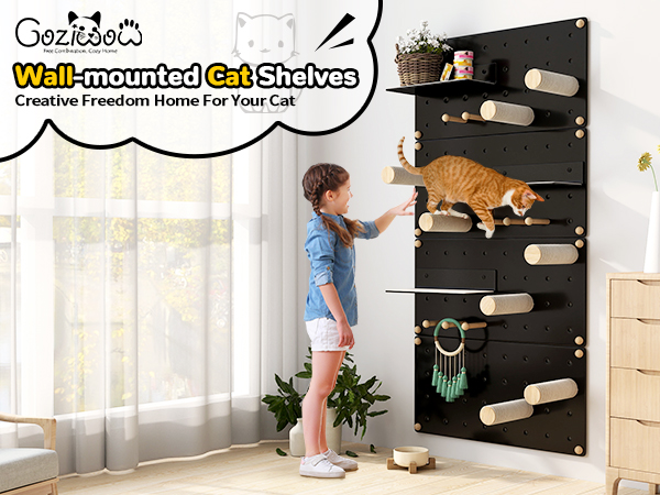 Wall-Mounted Cat Climber Set, Cat Wall Shelves with Sisal Posts, Jumping Platforms, and Hanging Poles CW12P0640A600X4501