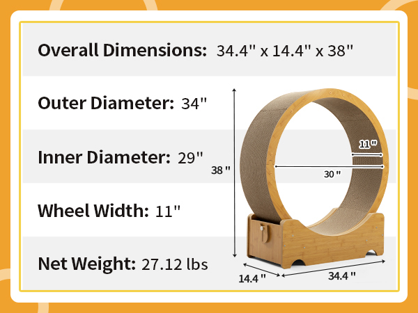 34"L Corrugated Cat Exercise Wheel, Cat Treadmill for Indoor with Two-Sided Replaceable Runway CW12R0623A600X4504