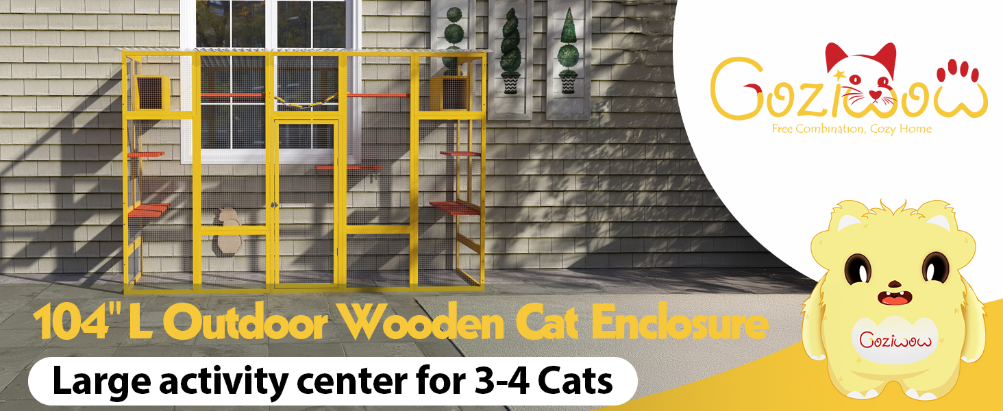 104″L Extra Large Outdoor Cat Enclosure, Wooden Cat Playpen House, For 3-4 Cats, Yellow CW12S0660 1464 600 1