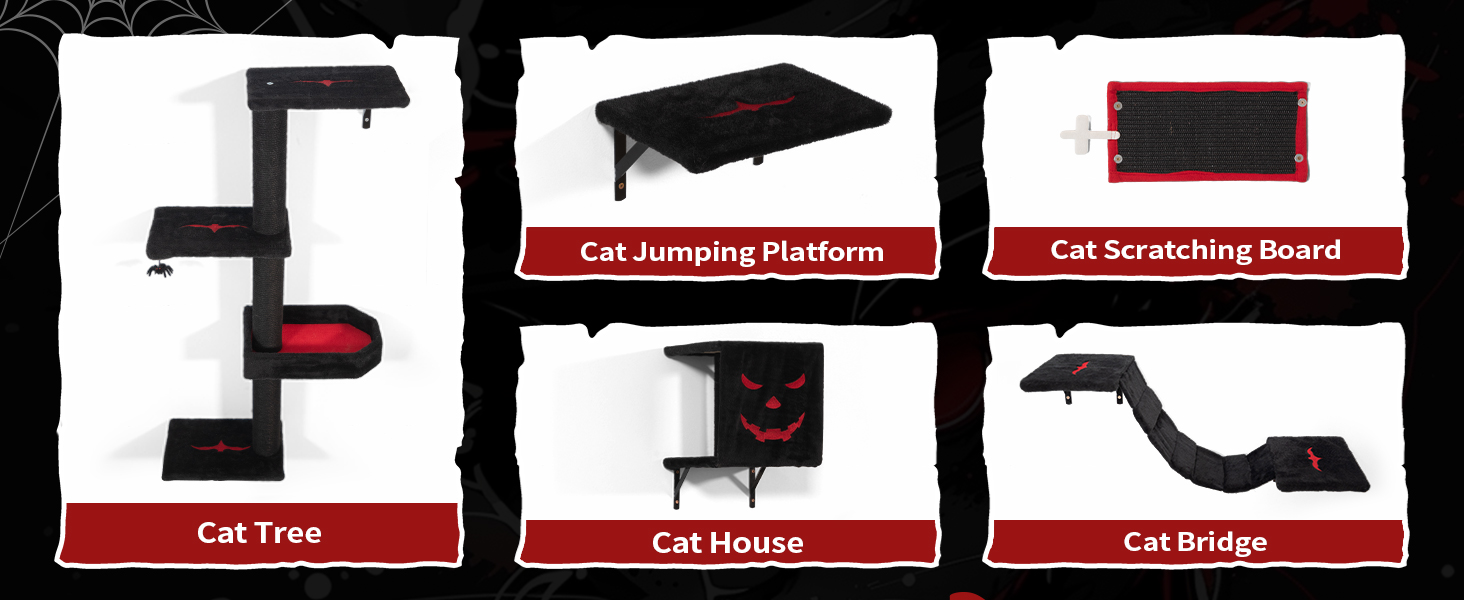 Gothic 5 Pcs Wall Mounted Cat Furniture, Cat Wall Climbing Shelves Set, DIY Cat Walls Playground, Black+Red CW12W0645A1464X6004