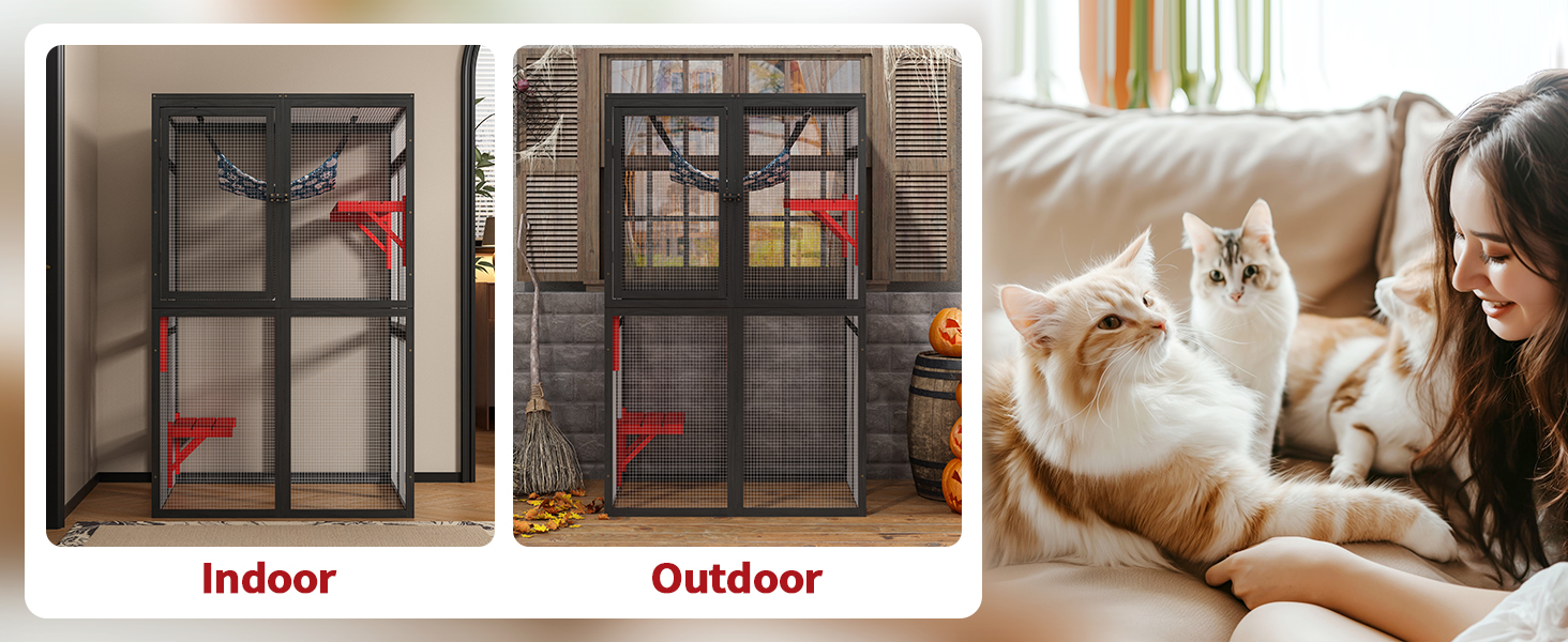 64″H Wooden Outdoor Cat Enclosure, Large Cat House With 3 Platforms, Hammock, Halloween Special CW12H0671A1464X6002