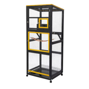 68″H Large Wood Bird Cage On Wheels, Parrot Cage With Pull Out Tray And Feeder, Black+Yellow CW12R0659 00