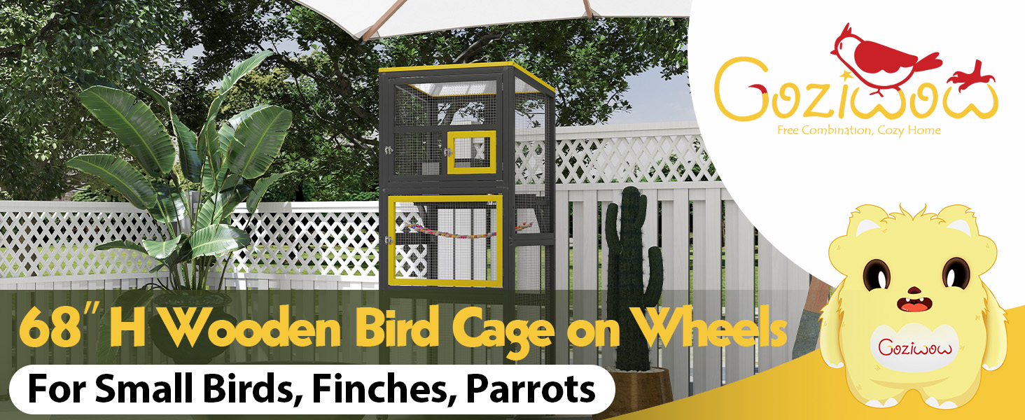 68″H Large Wood Bird Cage On Wheels, Parrot Cage With Pull Out Tray And Feeder, Black+Yellow CW12R0659 zxx