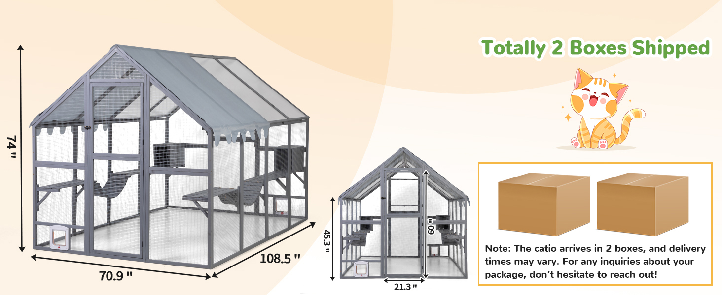 108"L Outdoor Extra Large Cat Enclosure, Wooden Cat Catio with Resting Boxes, Bridges, Weatherproof Canopy, for 5-7 Cats CW12B0649A1464X6009