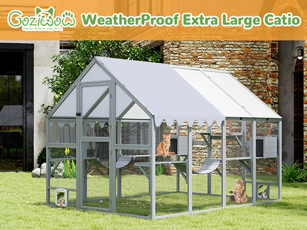 108"L Outdoor Extra Large Cat Enclosure, Wooden Cat Catio with Resting Boxes, Bridges, Weatherproof Canopy, for 5-7 Cats CW12B0649A600X4501