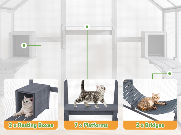 108"L Outdoor Extra Large Cat Enclosure, Wooden Cat Catio with Resting Boxes, Bridges, Weatherproof Canopy, for 5-7 Cats CW12B0649A600X4504