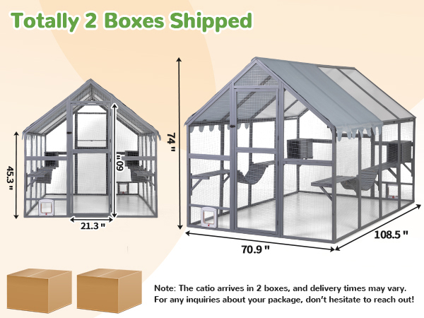 108"L Outdoor Extra Large Cat Enclosure, Wooden Cat Catio with Resting Boxes, Bridges, Weatherproof Canopy, for 5-7 Cats CW12B0649A600X4509