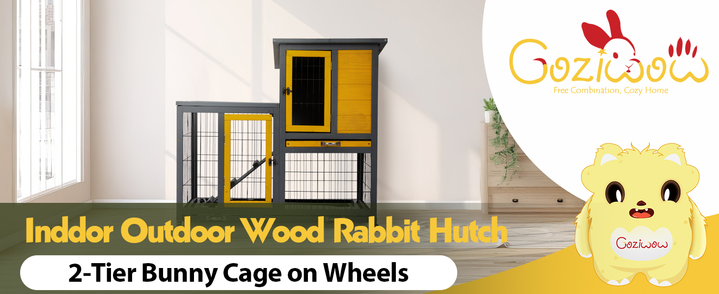 39″L 2-Tier Wooden Rabbit Hutch On Wheels, Pull Out Trays, For 1-2 Bunnies, Grayish Yellow CW12T0625 A 1464x600 1