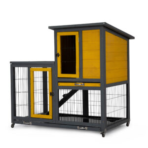 39″L 2-Tier Wooden Rabbit Hutch On Wheels, Pull Out Trays, For 1-2 Bunnies, Grayish Yellow CW12T06252